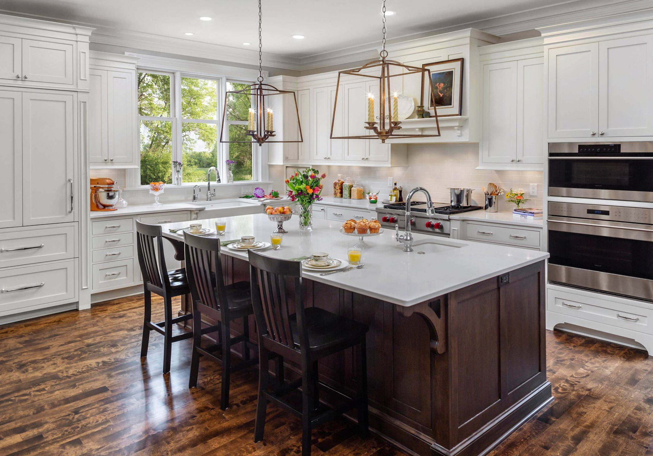 Dark wood floors white cabinets